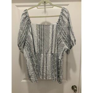 Lane Bryant Blouse Size 24 White Black Stipe Square Neck Eyelet Peplum